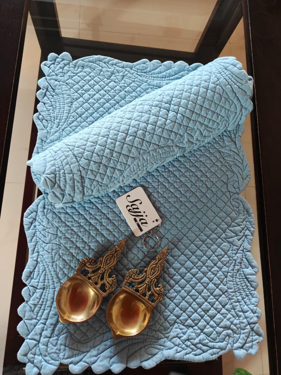 Cool Blue Reversible Quilted Multicolor Organic Cotton Focal Tablemat -Set of 2