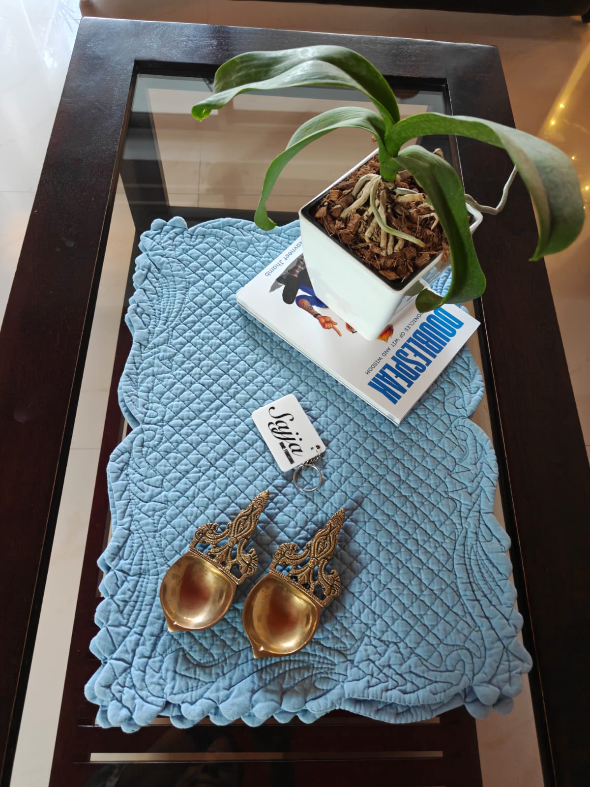 Cool Blue Reversible Quilted Multicolor Organic Cotton Focal Tablemat -Set of 2