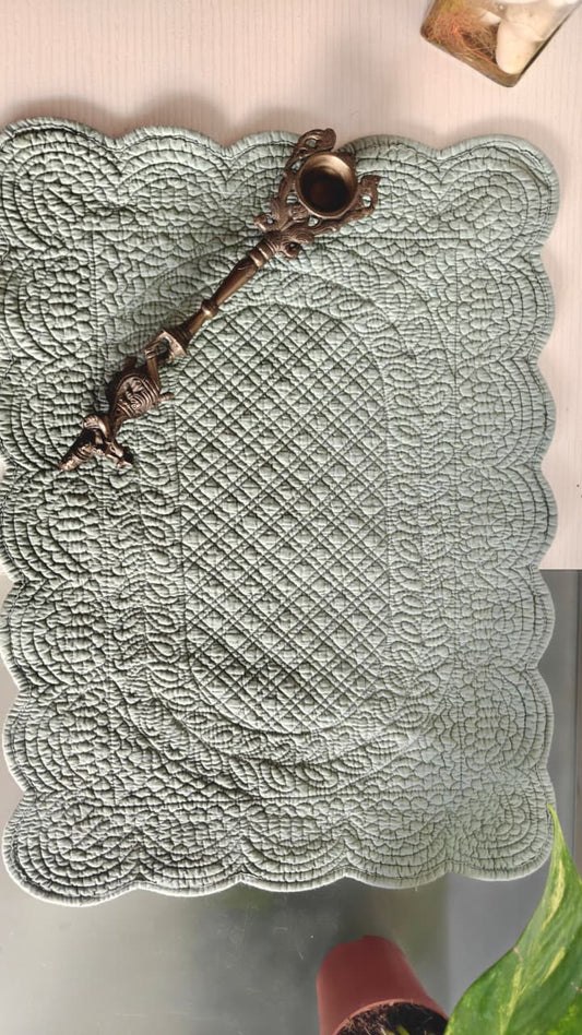 Sage Green Decorative Scalloped Reversible Rectangular Quilted Focal Runner Table Mat Placemat