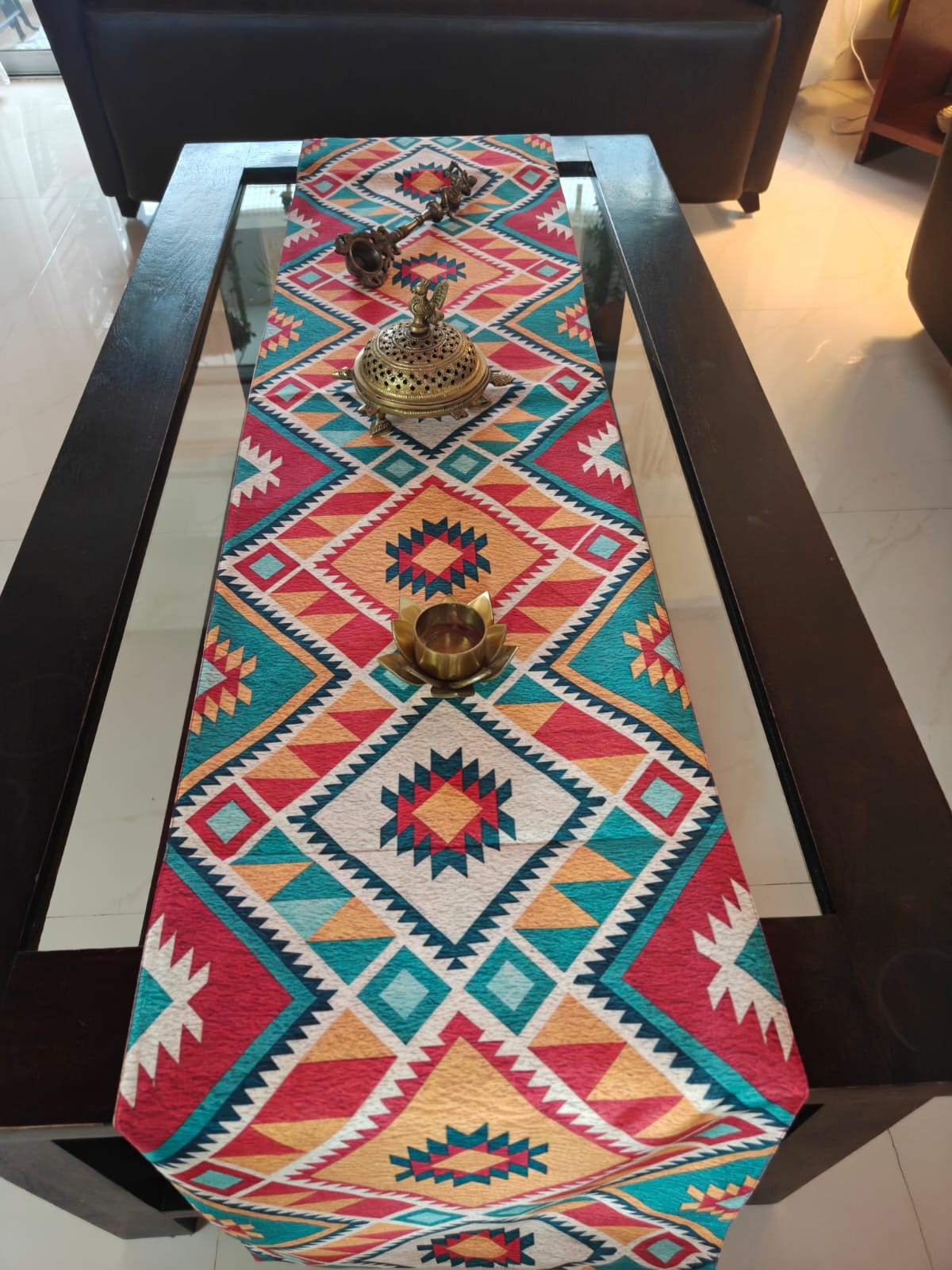 Table Runner Trending Ikat Pattern Multioclour Dupioni Silk (L-72 in, W-12in)
