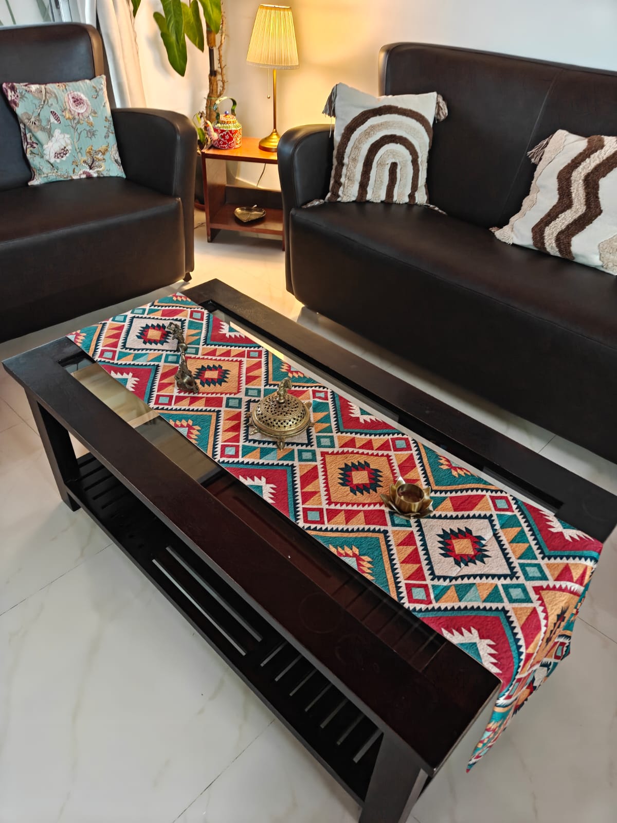 Table Runner Trending Ikat Pattern Multioclour Dupioni Silk (L-72 in, W-12in)
