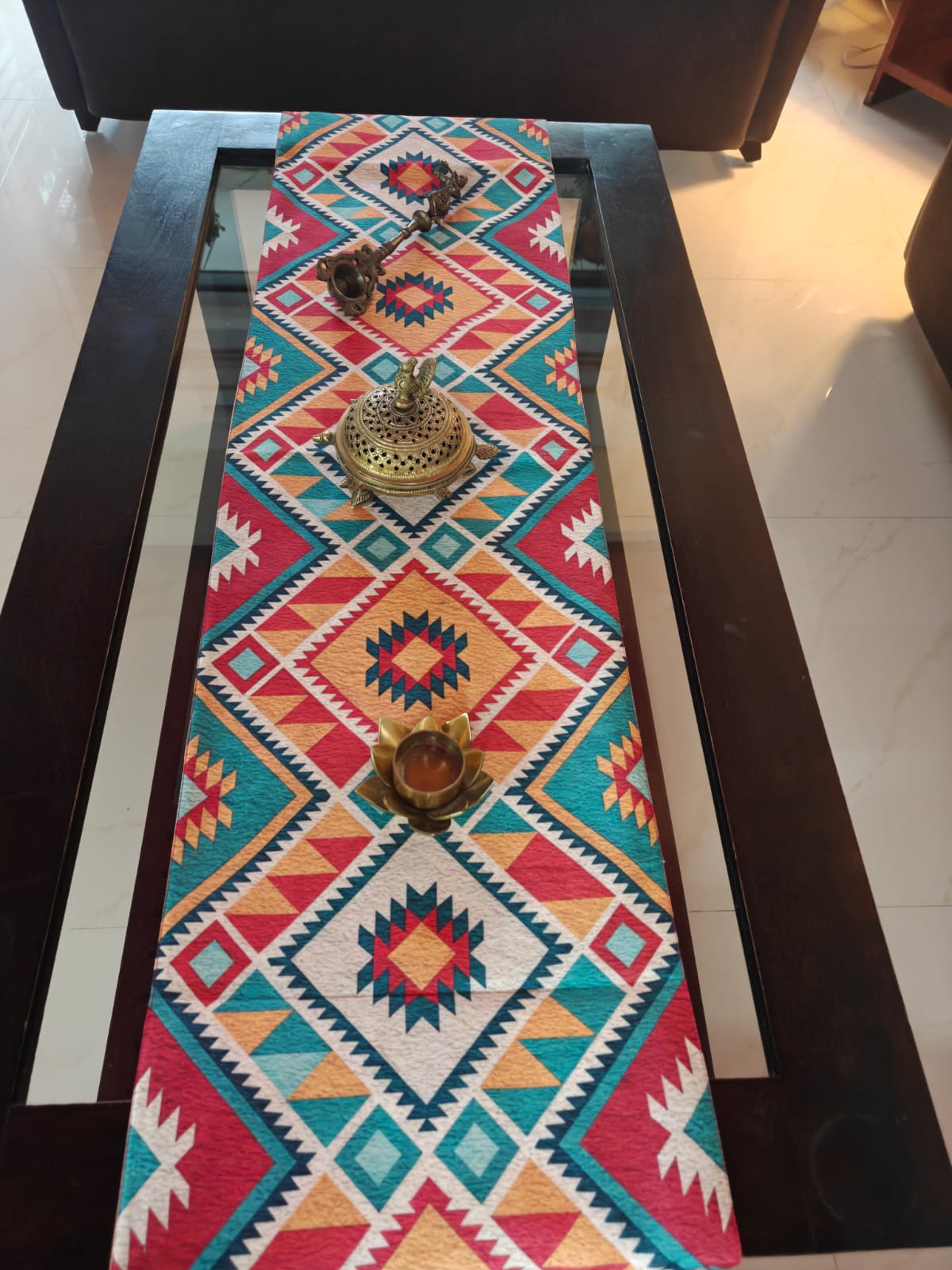 Table Runner Trending Ikat Pattern Multioclour Dupioni Silk (L-72 in, W-12in)
