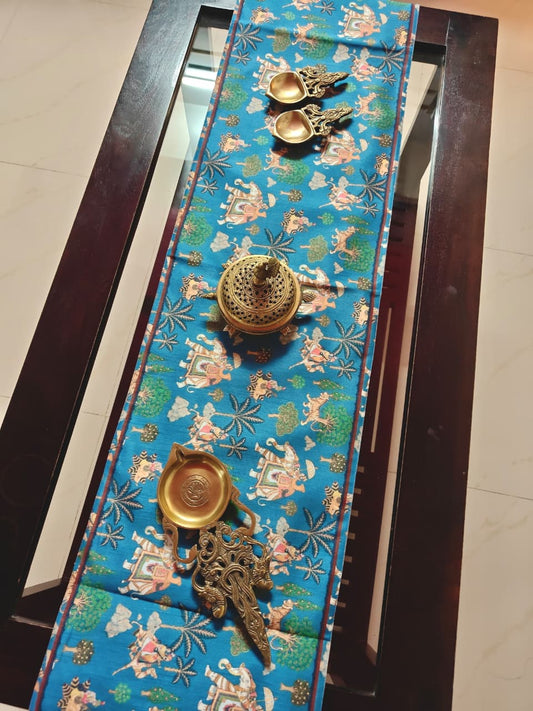 Designer Kalamkari Dupioni Silk Table Runner For Dining Table Coffee Table n Foyer (L-72in, W-12in)