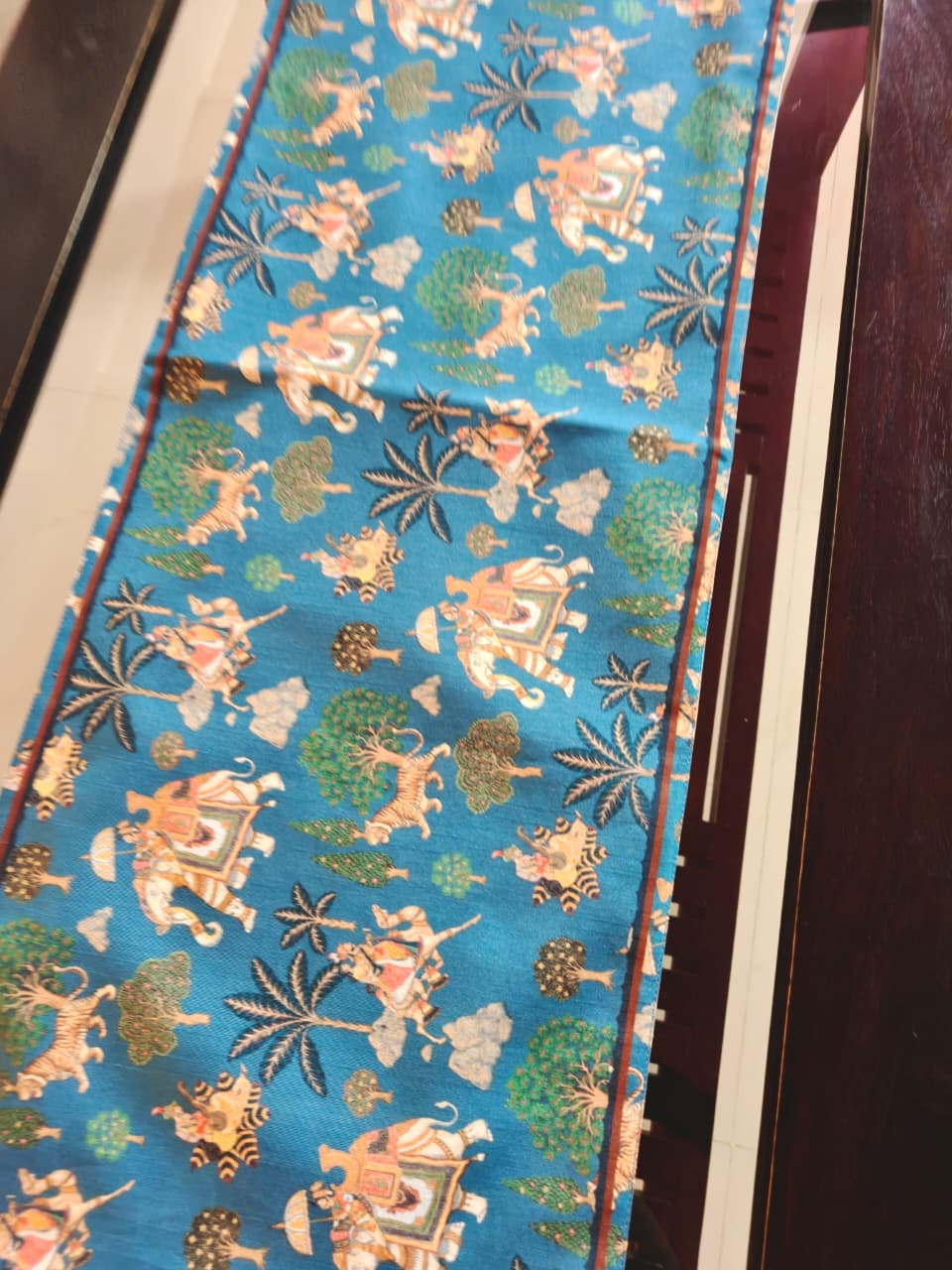 Designer Kalamkari Dupioni Silk Table Runner For Dining Table Coffee Table n Foyer (L-72in, W-12in)