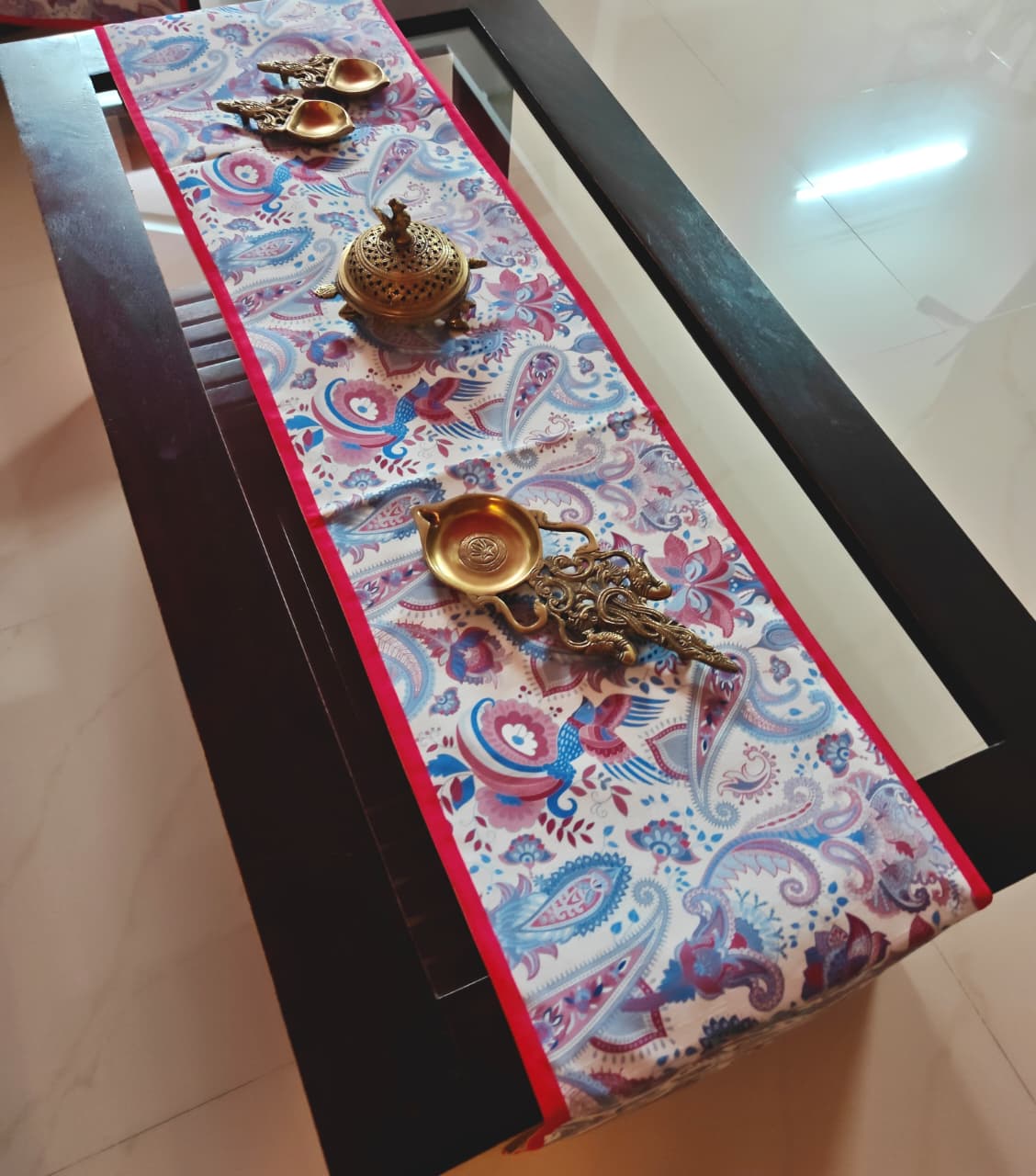 Buy Sajja French Ornate Carving Print in Purple White Silk Table runner