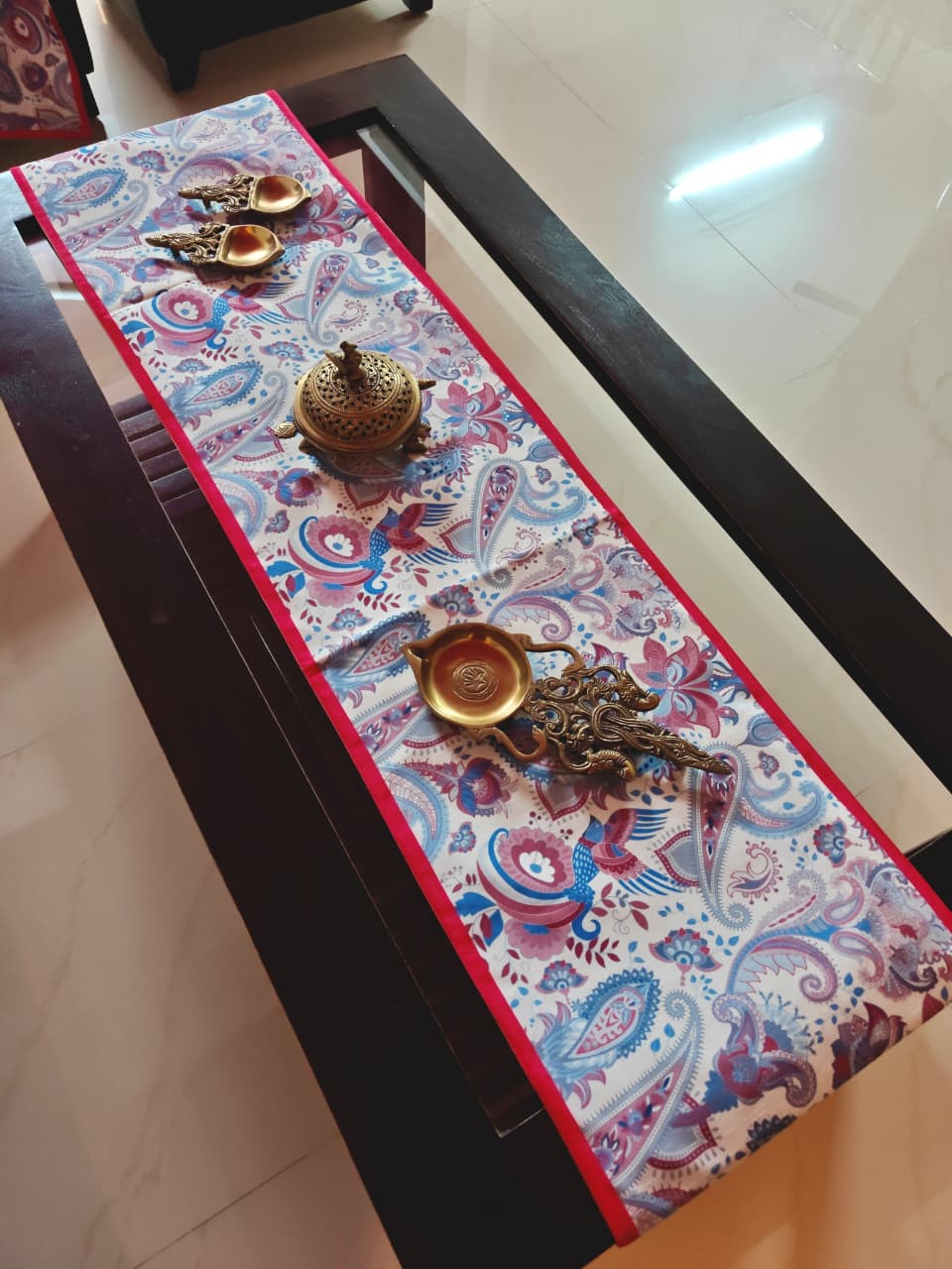 Buy Sajja French Ornate Carving Print in Purple White Silk Table runner