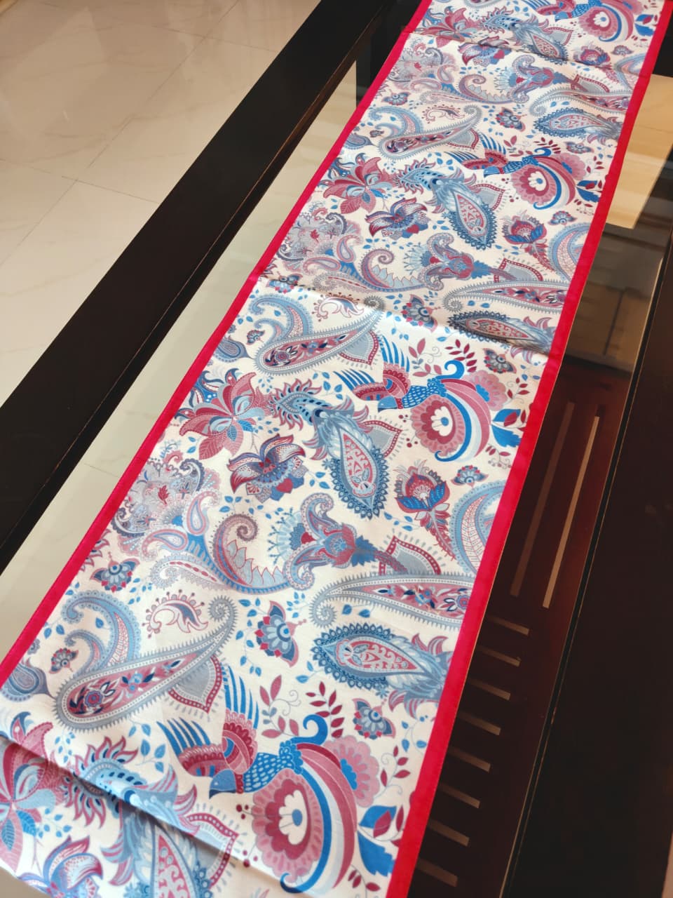 Buy Sajja French Ornate Carving Print in Purple White Silk Table runner