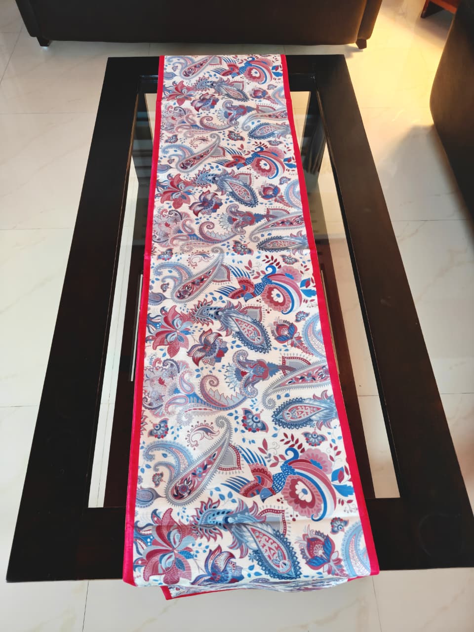 Buy Sajja French Ornate Carving Print in Purple White Silk Table runner