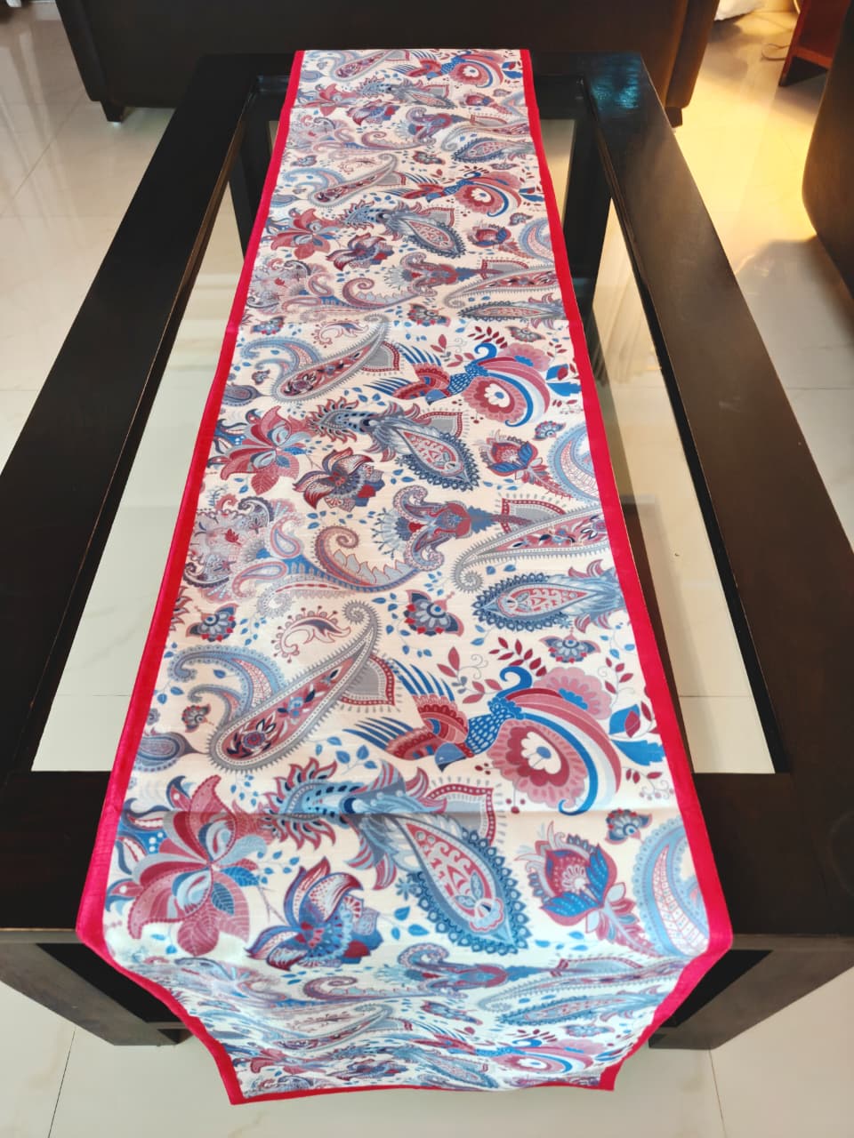 Buy Sajja French Ornate Carving Print in Purple White Silk Table runner