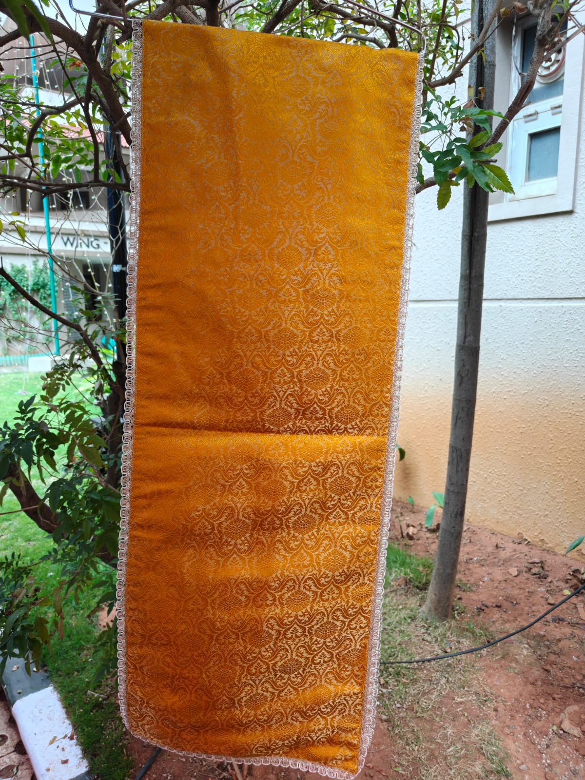 Real Banarasi Brocade Raw Dupion Silk Yellow Bandhej Table Runner | Luxury Table Décor by Sajja