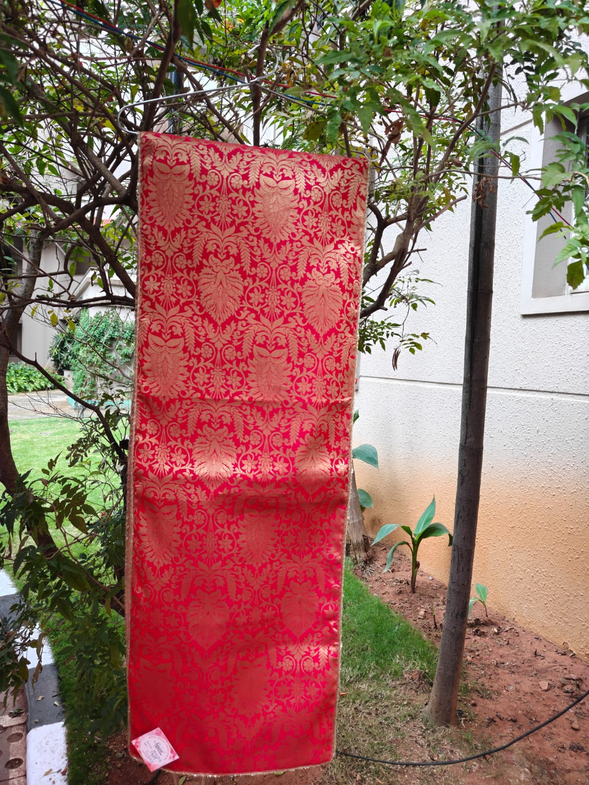 Real Banarasi Brocade Raw Dupion Silk Red Bandhej Table Runner | Luxury Table Décor by Sajja 