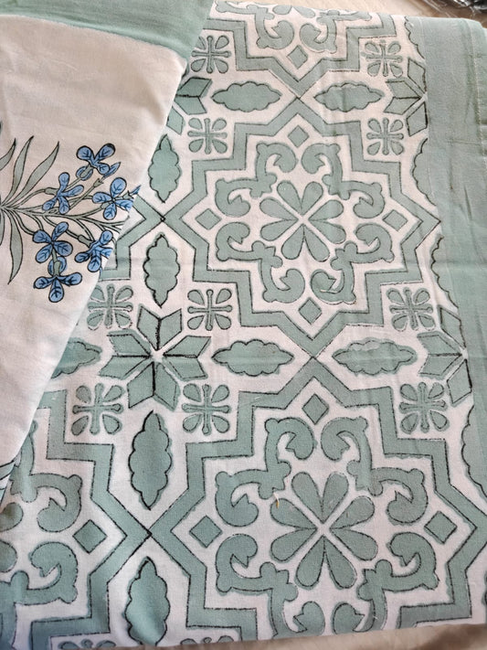 Buy Vintage Hand block Greyish Green Sage Pure Cotton Super King Double Bedsheet 108 inches x 108 inches