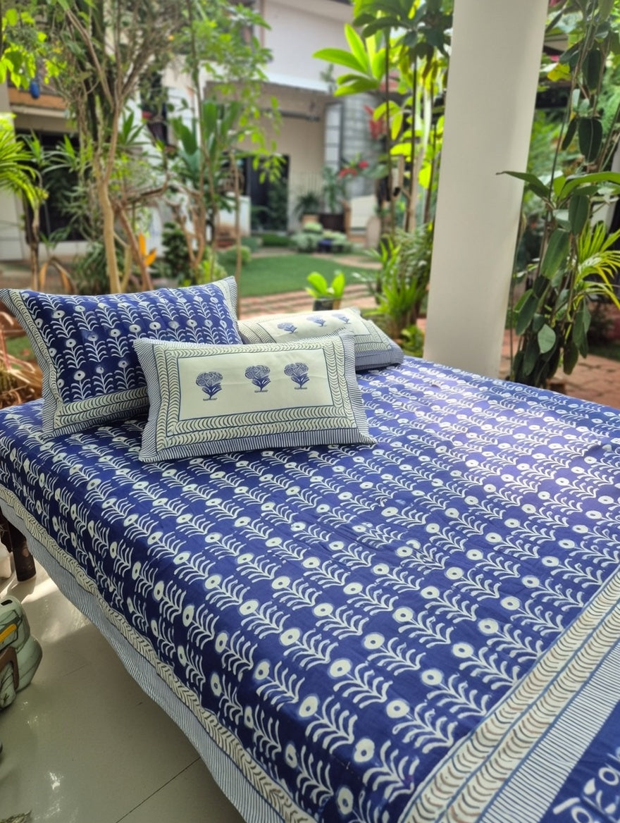 Indigo COTTON BEDSHEET, HAND Block Print Bedsheet with 2 Pillow Cover King Bedsheet