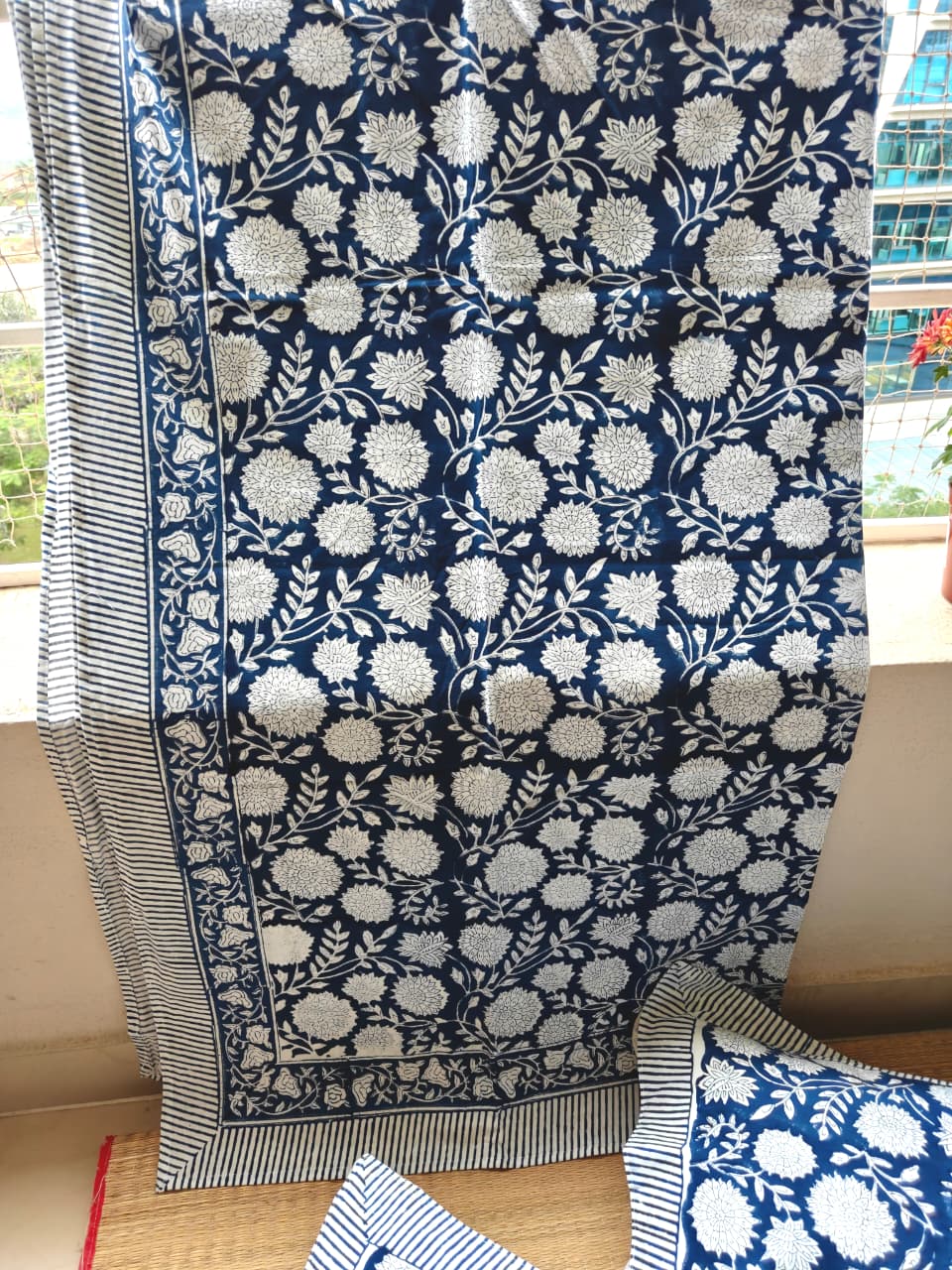 Floral Indigo Hand Block Print Bedsheet with 2 Pillow Cover King Bedsheet