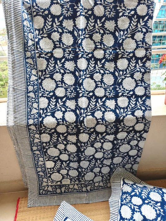Floral Indigo Hand Block Print Bedsheet with 2 Pillow Cover King Bedsheet