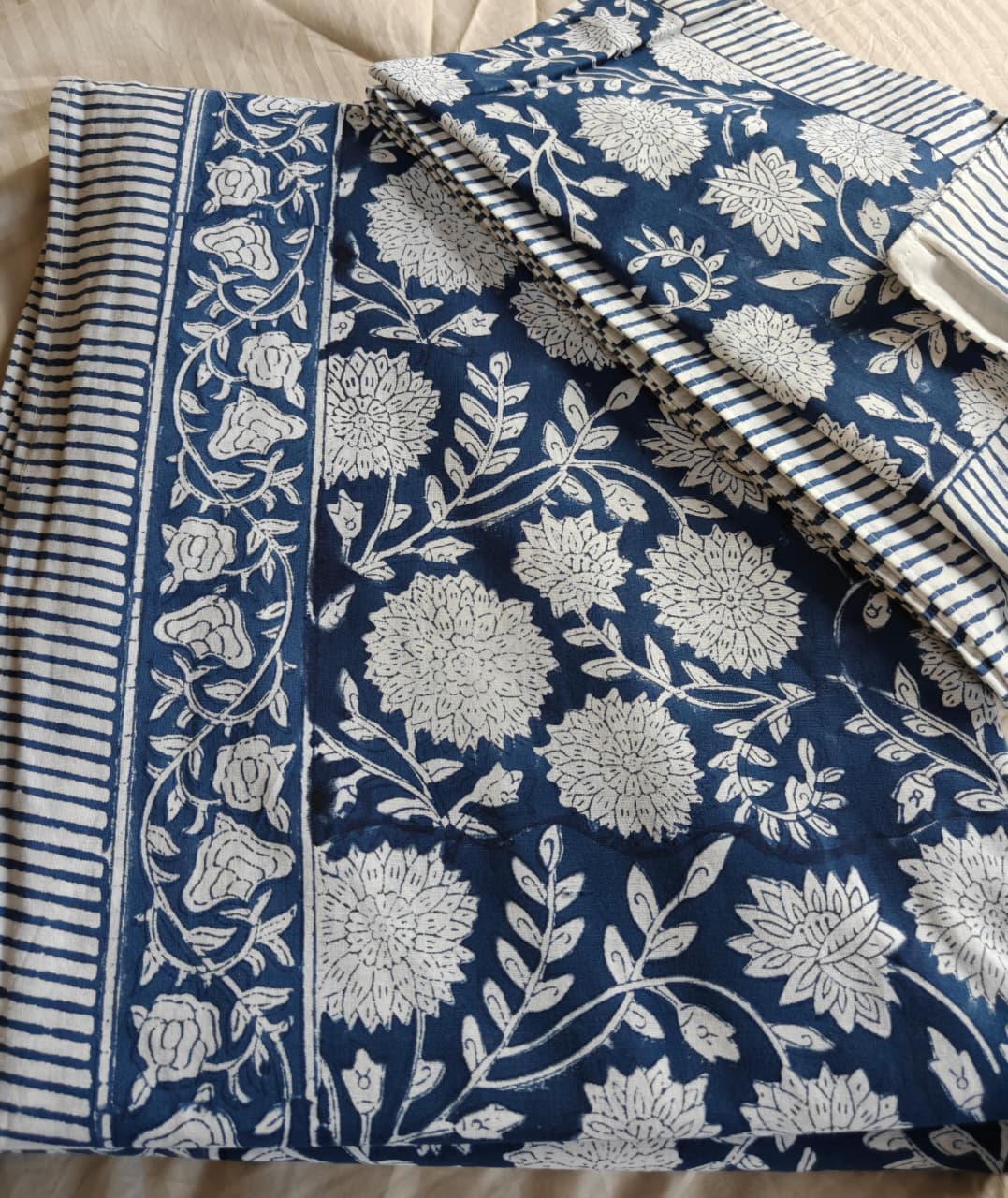 Floral Indigo Hand Block Print Bedsheet with 2 Pillow Cover King Bedsheet