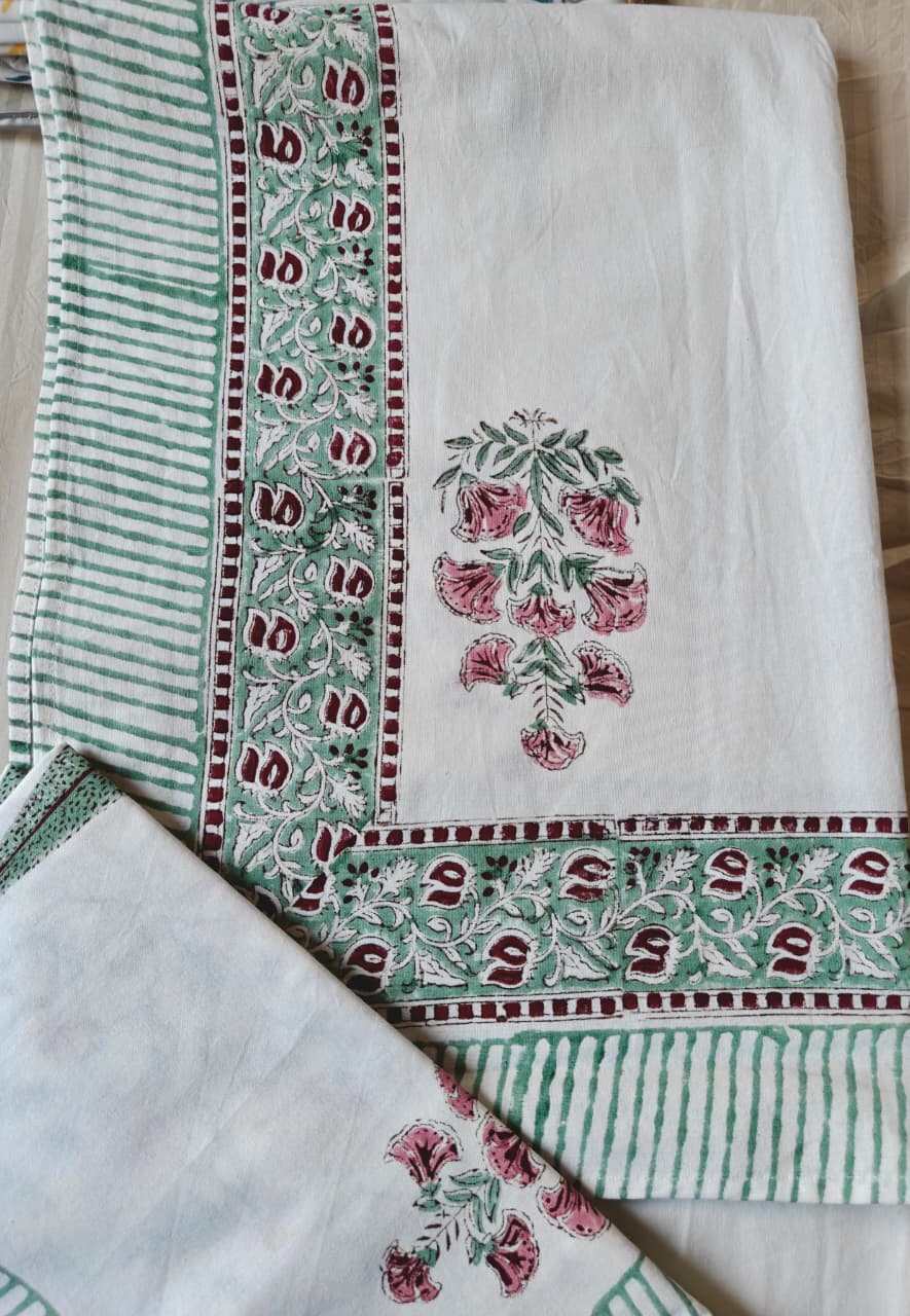 Vintage Royal Handblock Pink White Pure Cotton Double Bedsheet King (9 feet x 9 feet)