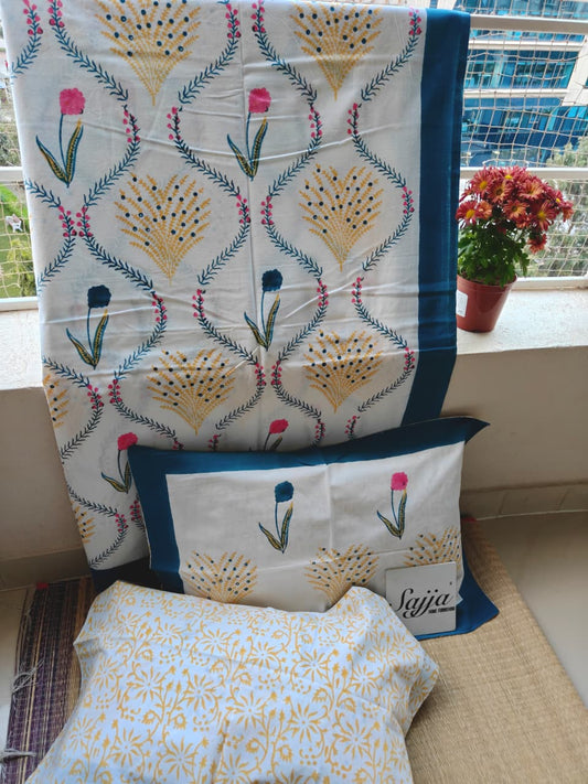 Designer Mughal Bagh Phool Butta Cotton Hand block King Bedsheet 9 x 9 feet