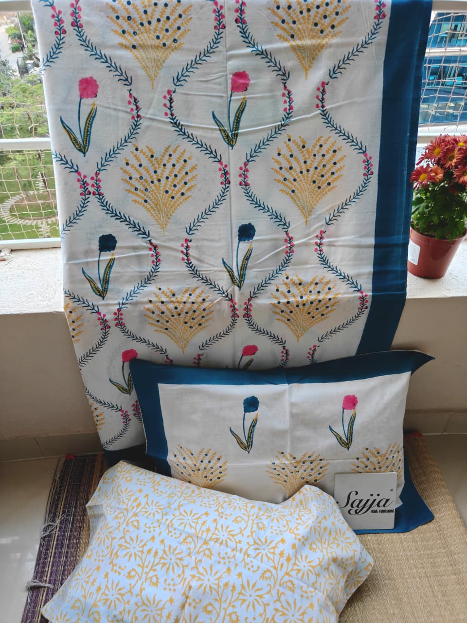 Designer Mughal Bagh Phool Butta Cotton Hand block King Bedsheet 9 x 9 feet