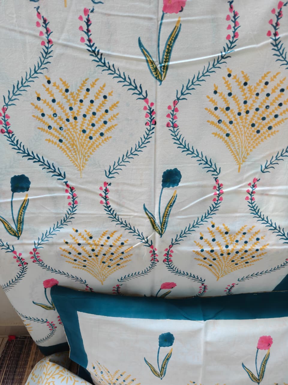 Designer Mughal Bagh Phool Butta Cotton Hand block King Bedsheet 9 x 9 feet