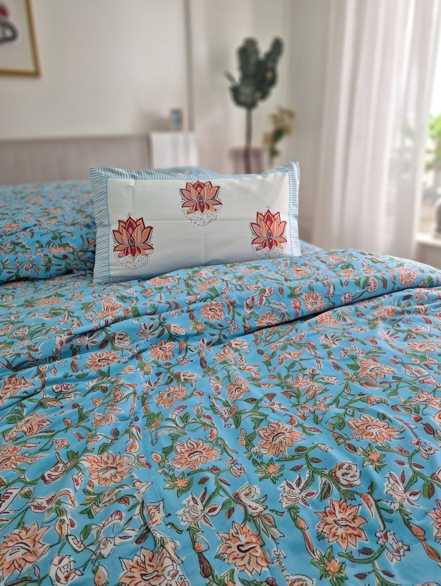 Buy Premium Blue Floral Cotton Mughal Hand block Double Bedsheet King 9 feet x 9 feet
