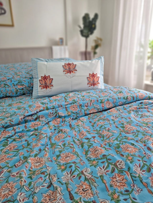 Buy Premium Blue Floral Cotton Mughal Hand block Double Bedsheet King 9 feet x 9 feet