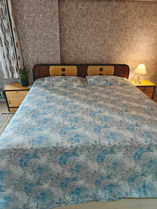 Luxury Collection Blue White Leaves King Bedsheet 108 inches x 108 inches