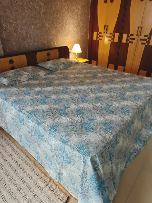 Luxury Collection Blue White Leaves King Bedsheet 108 inches x 108 inches