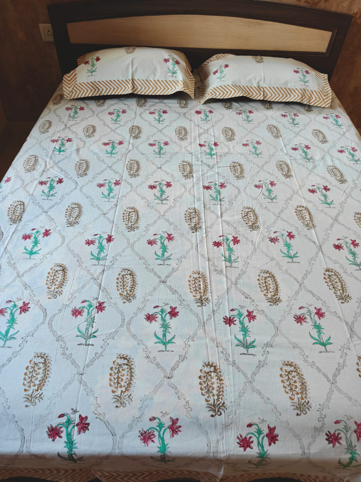 Earthy Cotton Mughal Floral Hand block Double Bedsheet King 9 feet x 9 feet