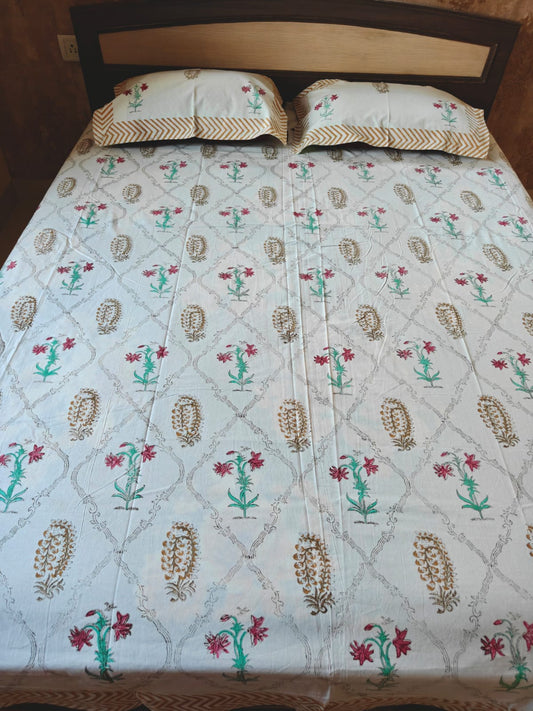 Earthy Cotton Mughal Floral Hand block Double Bedsheet King 9 feet x 9 feet