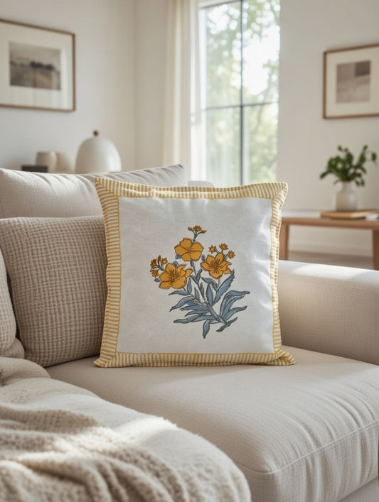 Hand block Yellow Phool Premium Cushion Covers cotton 16 x 16 inches