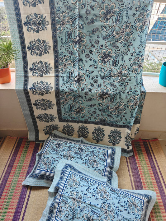 Hand block Ash Blue Floral Motif Pure Cotton Double Bedsheet King
