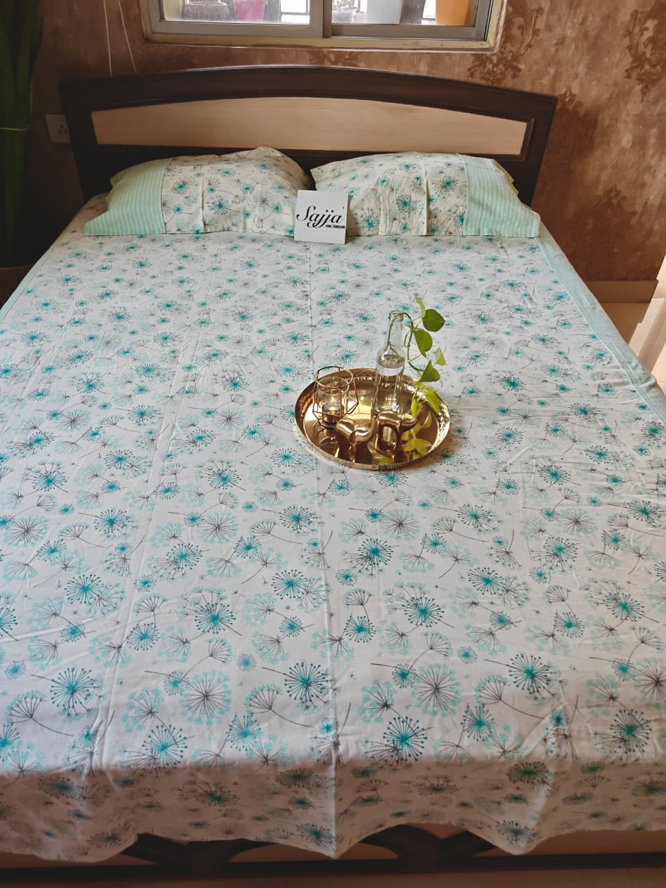 Duck Cotton Teal Turquoise King Size With Solid Border Double Bedcover with 2 Pillow Covers