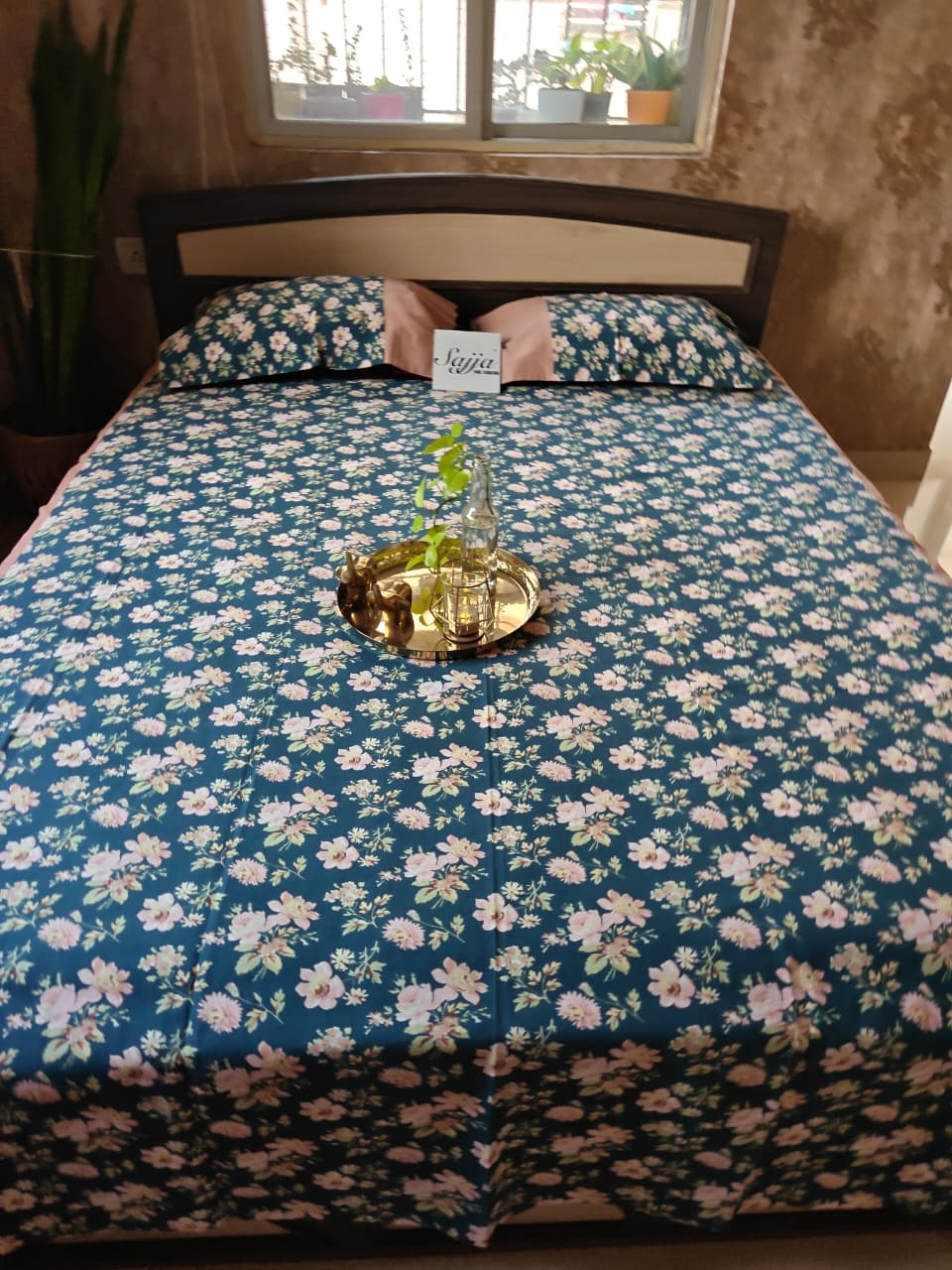 English Blue Floral Cotton King Size With Solid Border Double Bedcover with 2 Pillow Covers 