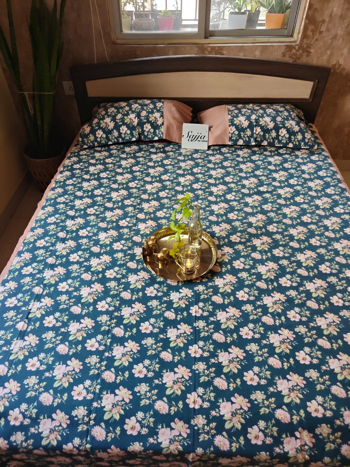 English Blue Floral Cotton King Size With Solid Border Double Bedcover with 2 Pillow Covers 