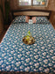 English Blue Floral Cotton King Size With Solid Border Double Bedcover with 2 Pillow Covers 