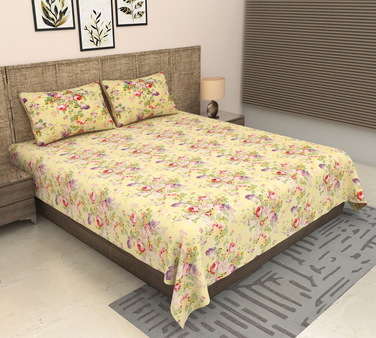 Melody Collection Yellow Floral Premium Cotton Double Bed Super King Bedsheet 9f x 9f