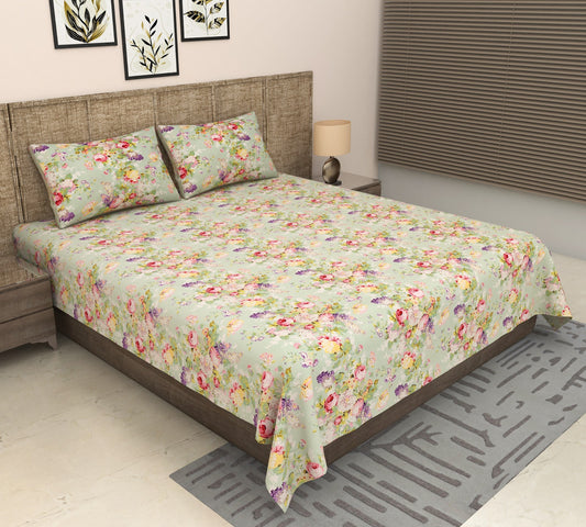 Melody Collection Sage Green Cream Floral Cotton Double Bed Super King Bedsheet 9f x 9f