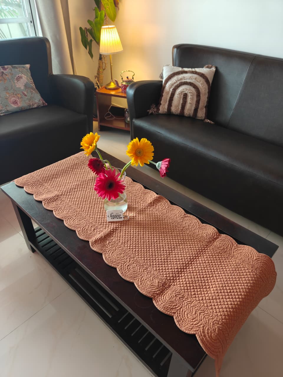 Organic Cotton Reversible Terracotta Quilted Table Runner Cover (L-54in, W-18in)