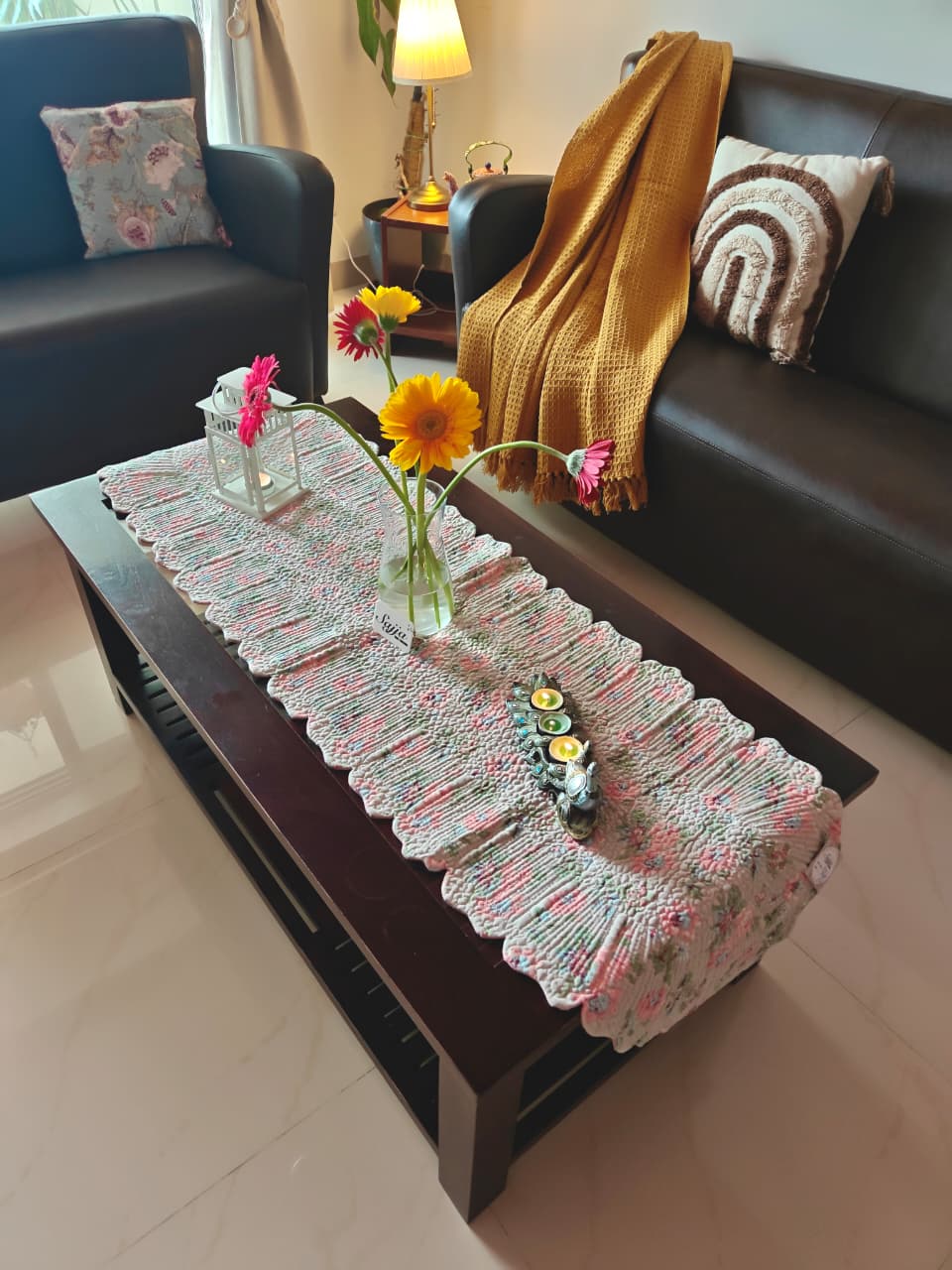 Vintage Quilted Reversible Table Runner Floral Pink Grey Cotton Table Runner