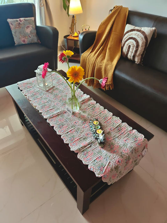 Vintage Quilted Reversible Table Runner Floral Pink Grey Cotton Table Runner