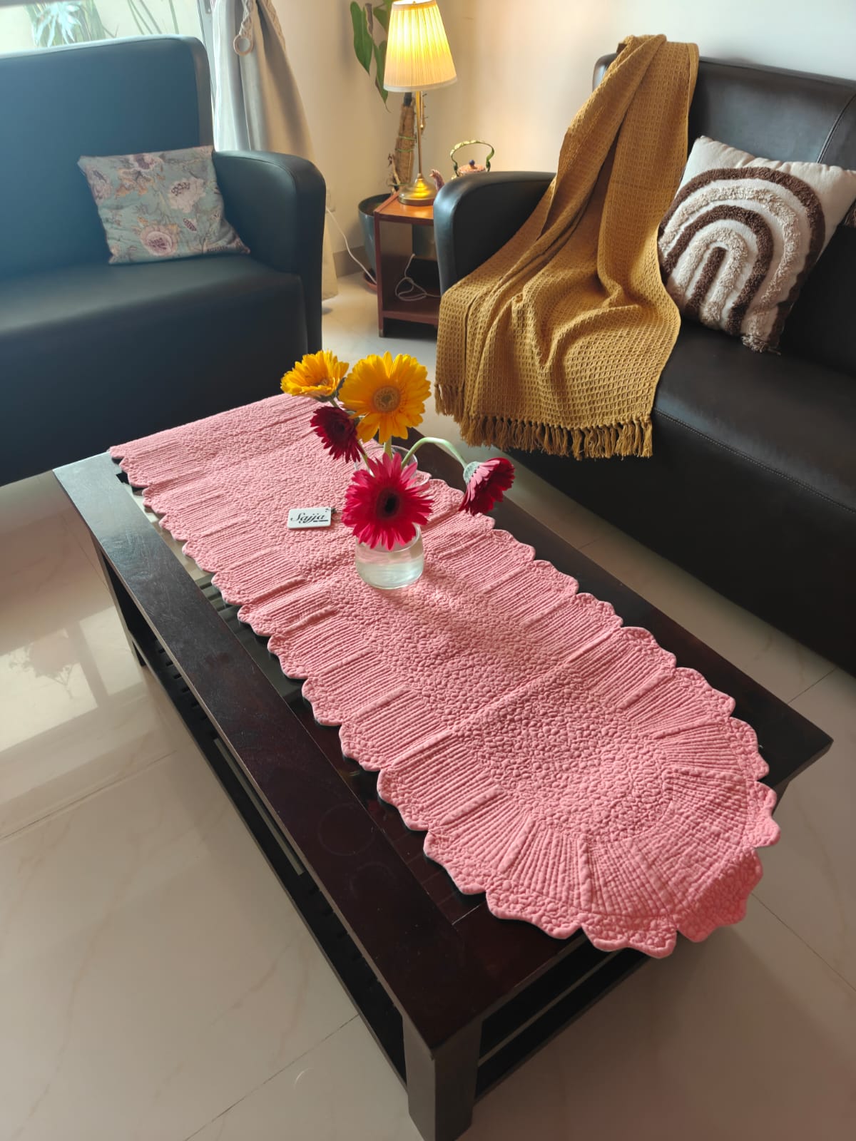 Vintage Quilted Reversible Table Runner Floral Pink Grey Cotton Table Runner