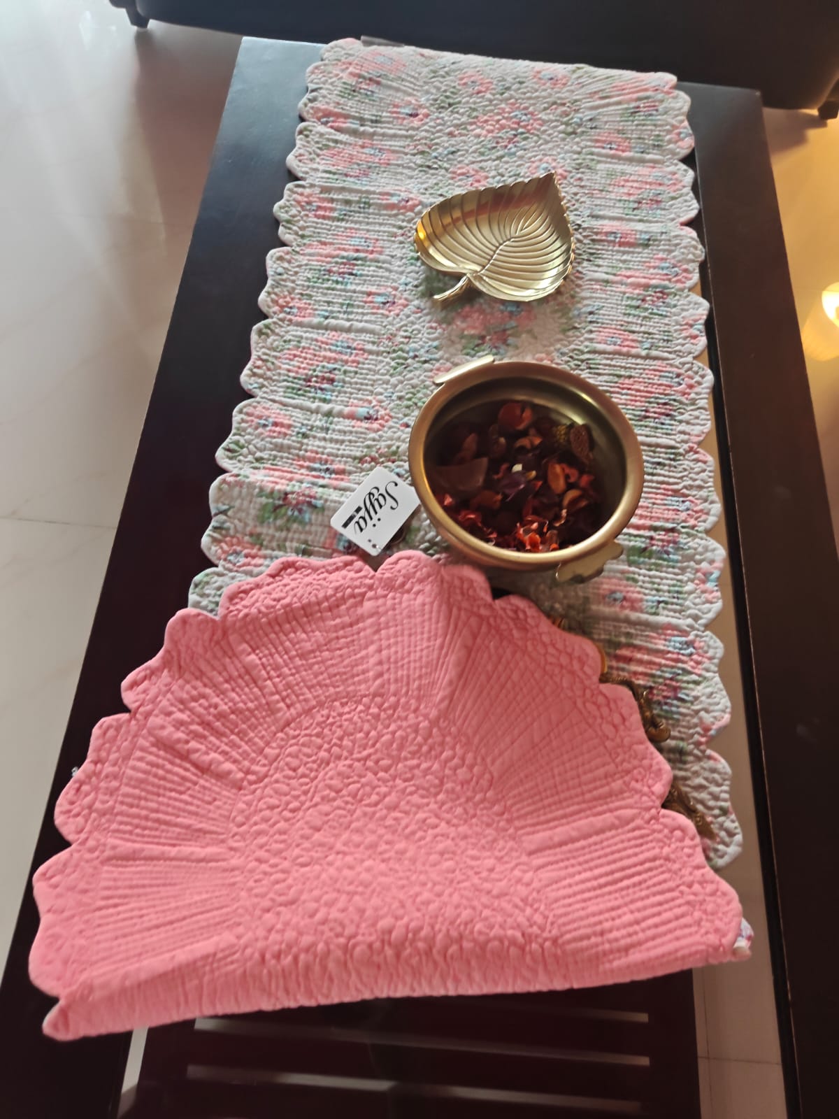 Vintage Quilted Reversible Table Runner Floral Pink Grey Cotton Table Runner