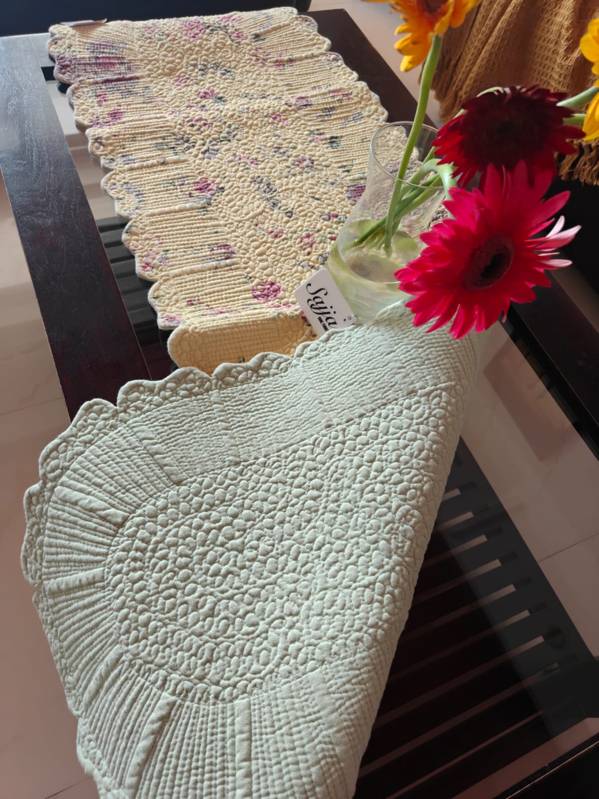 Victorian Floral Fleur De Leaf Quilted Table Runner (17 in X 56 in) Yellow Minty Green