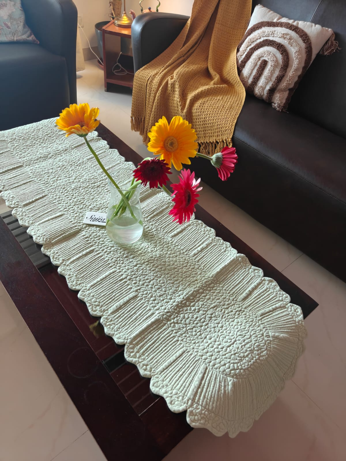 Victorian Floral Fleur De Leaf Quilted Table Runner (17 in X 56 in) Yellow Minty Green