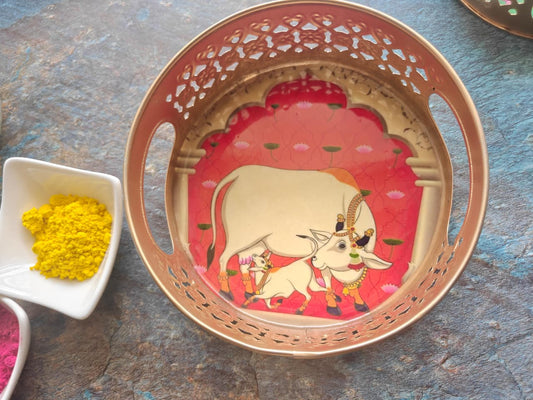 Gold Round Pichwai Kamdhenu Metal Decorative Tray ( 6 inches)