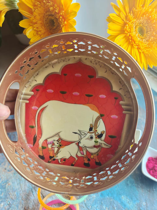 Gold Round Pichwai Kamdhenu Metal Decorative Tray ( 6 inches)