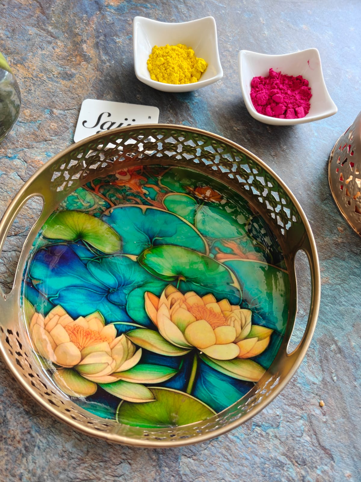 Decorative Modernistic Lotus Kamal Round Gold Metal Tray| Gifting | Decor (8 x 8 inches)