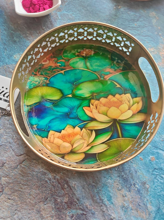 Decorative Modernistic Lotus Kamal Round Gold Metal Tray| Gifting | Decor (8 x 8 inches)