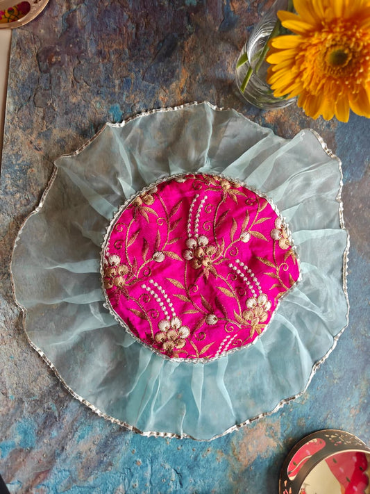 Decorative Blue Silver Golden Organza Gota Patti Thalposh/Thali Cover